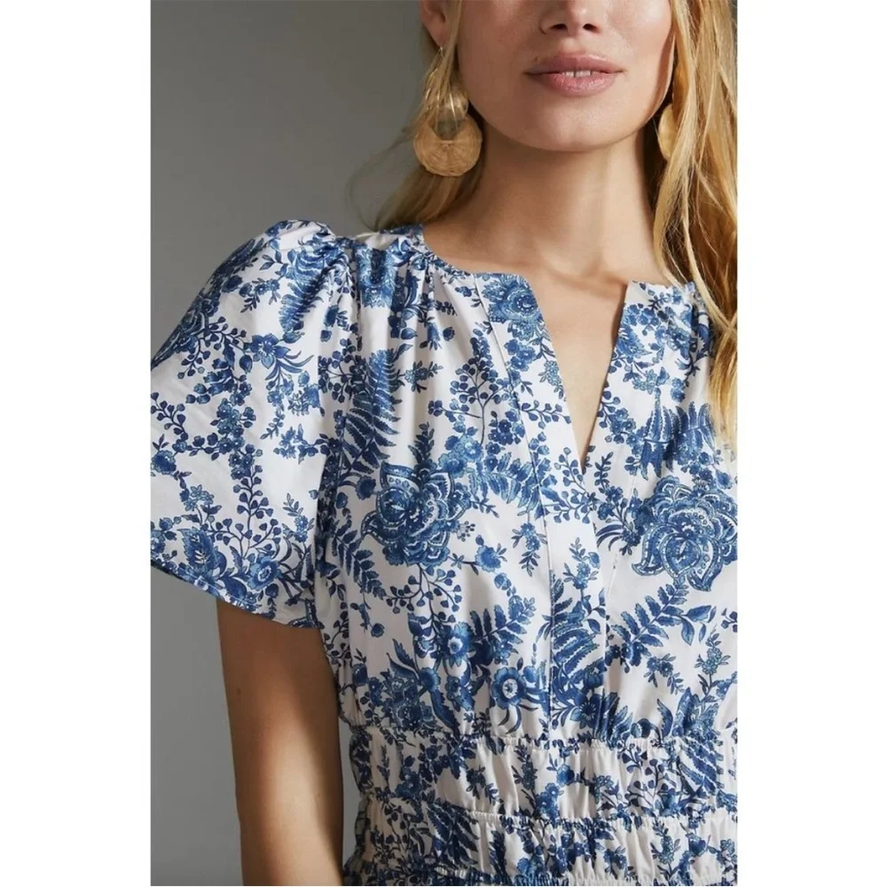 Anthropologie Somerset Maxi Ivory Blue Floral Tiered Cotton Summer Dress S - Picture 4 of 9